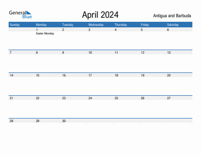 Current month calendar with Antigua and Barbuda holidays for April 2024