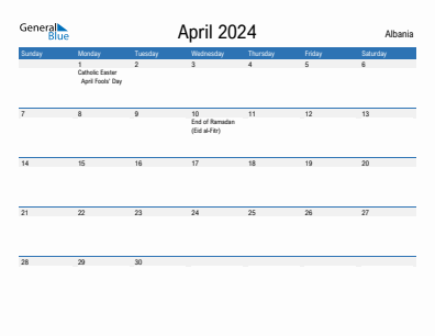 Current month calendar with Albania holidays for April 2024