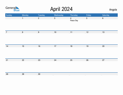 Current month calendar with Angola holidays for April 2024