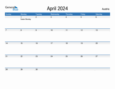 Current month calendar with Austria holidays for April 2024