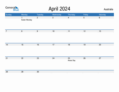 Current month calendar with Australia holidays for April 2024