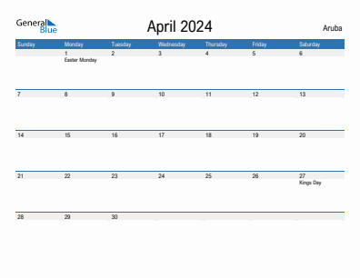 Current month calendar with Aruba holidays for April 2024