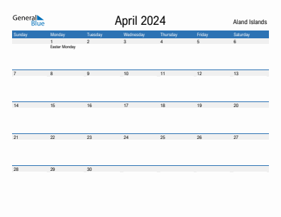Current month calendar with Aland Islands holidays for April 2024