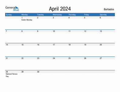 Current month calendar with Barbados holidays for April 2024