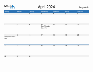 Current month calendar with Bangladesh holidays for April 2024
