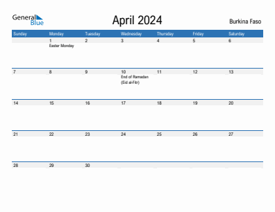 Current month calendar with Burkina Faso holidays for April 2024