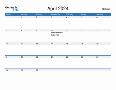 Current month calendar with Bahrain holidays for April 2024