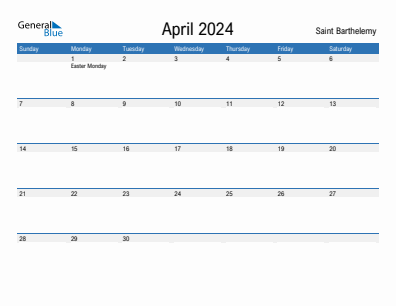 Current month calendar with Saint Barthelemy holidays for April 2024