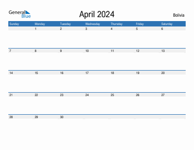 Current month calendar with Bolivia holidays for April 2024
