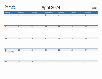 Current month calendar with Brazil holidays for April 2024