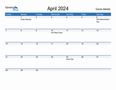 Current month calendar with Cocos Islands holidays for April 2024
