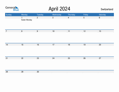 Current month calendar with Switzerland holidays for April 2024