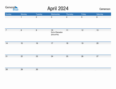 Current month calendar with Cameroon holidays for April 2024