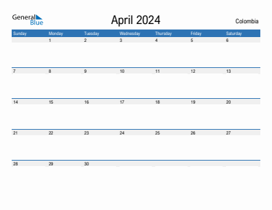 Current month calendar with Colombia holidays for April 2024