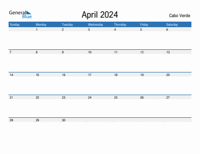 Current month calendar with Cabo Verde holidays for April 2024