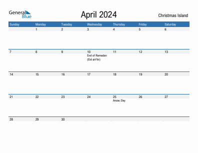 Current month calendar with Christmas Island holidays for April 2024