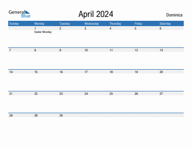 Current month calendar with Dominica holidays for April 2024
