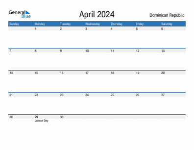 Current month calendar with Dominican Republic holidays for April 2024