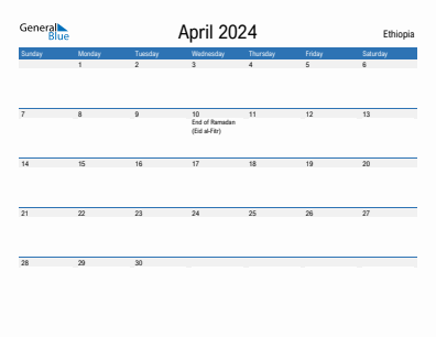 Current month calendar with Ethiopia holidays for April 2024