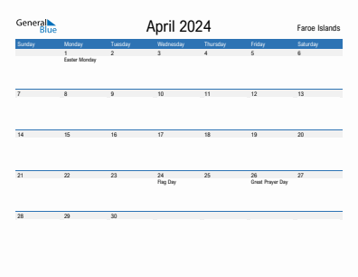 Current month calendar with Faroe Islands holidays for April 2024