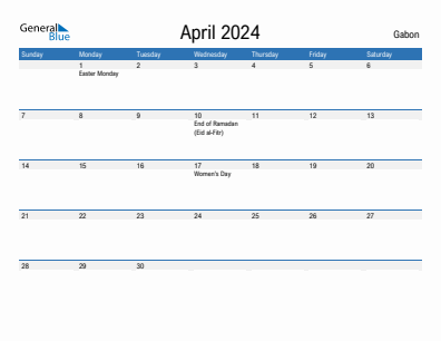 Current month calendar with Gabon holidays for April 2024