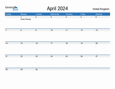 Current month calendar with United Kingdom holidays for April 2024