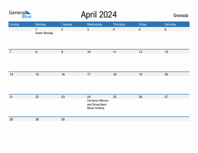 Current month calendar with Grenada holidays for April 2024