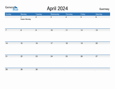 Current month calendar with Guernsey holidays for April 2024