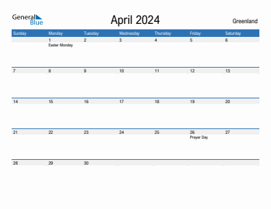 Current month calendar with Greenland holidays for April 2024