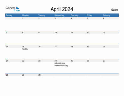 Current month calendar with Guam holidays for April 2024