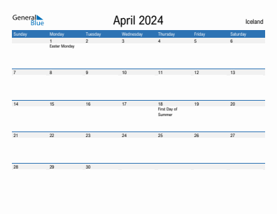 Current month calendar with Iceland holidays for April 2024