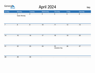 Current month calendar with Italy holidays for April 2024