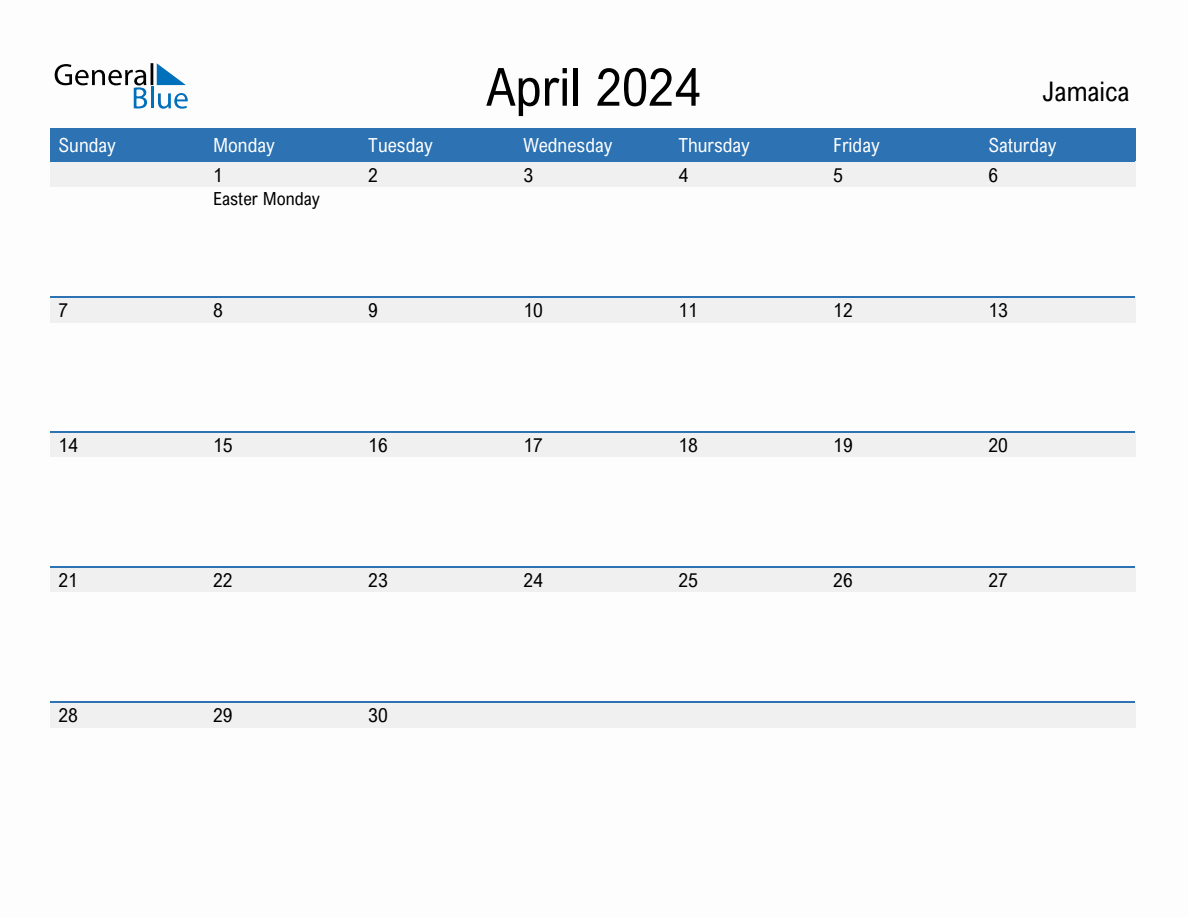 Editable April 2024 Calendar with Jamaica Holidays