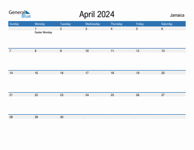 Current month calendar with Jamaica holidays for April 2024