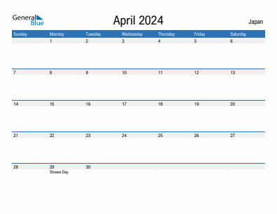 Current month calendar with Japan holidays for April 2024