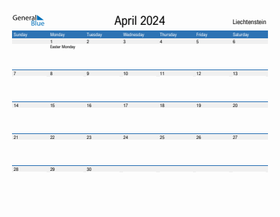Current month calendar with Liechtenstein holidays for April 2024