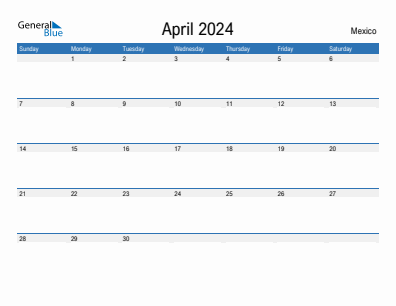 Current month calendar with Mexico holidays for April 2024