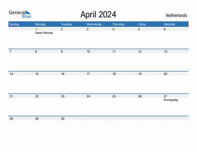 Current month calendar with The Netherlands holidays for April 2024