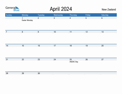 Current month calendar with New Zealand holidays for April 2024