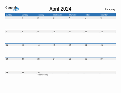 Current month calendar with Paraguay holidays for April 2024