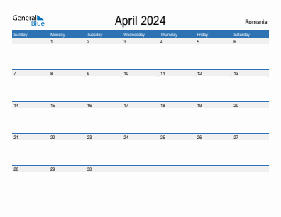 Current month calendar with Romania holidays for April 2024