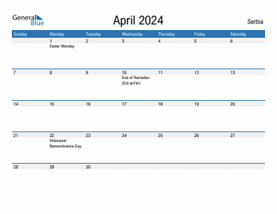 Current month calendar with Serbia holidays for April 2024