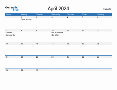 Current month calendar with Rwanda holidays for April 2024