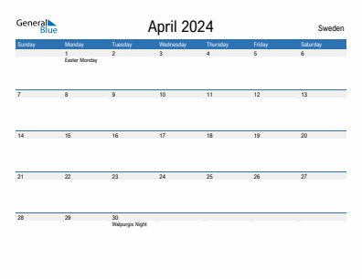 Current month calendar with Sweden holidays for April 2024