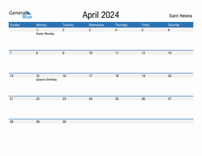 Current month calendar with Saint Helena holidays for April 2024