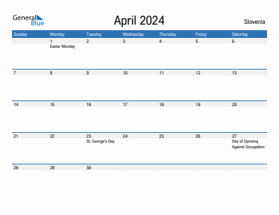 Current month calendar with Slovenia holidays for April 2024