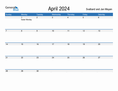 Current month calendar with Svalbard and Jan Mayen holidays for April 2024