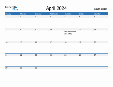 Current month calendar with South Sudan holidays for April 2024
