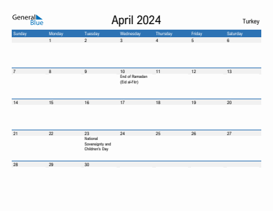 Current month calendar with Turkey holidays for April 2024