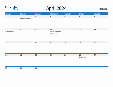 Current month calendar with Tanzania holidays for April 2024